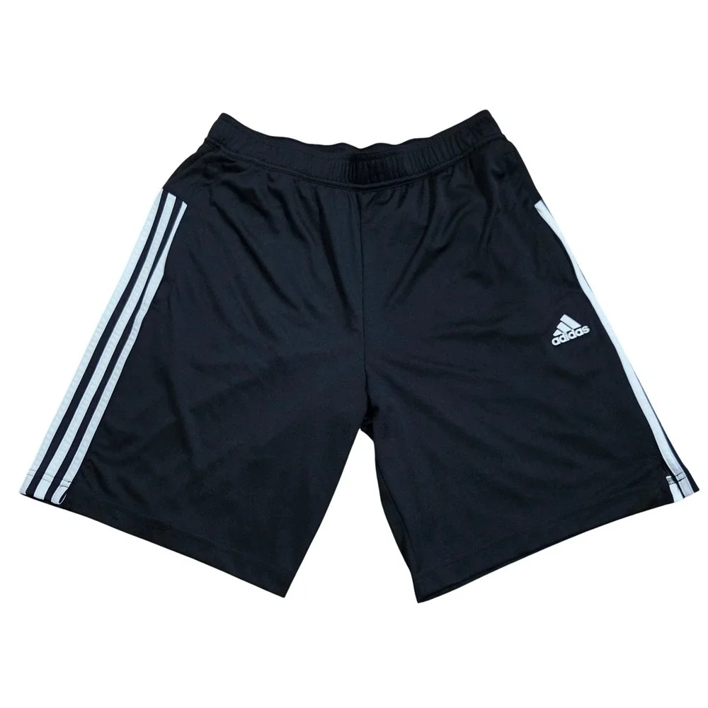 Adidas Mens Soccer Shorts Black White 3-Stripe Athletic Training Pockets Size M